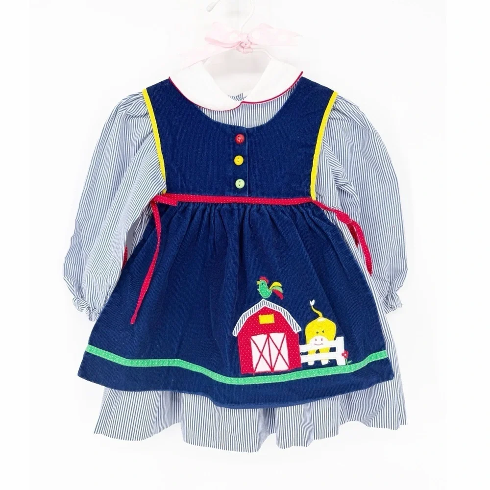 Vintage Embroidered Pinafore Farm Barn Dress Girls Size 3